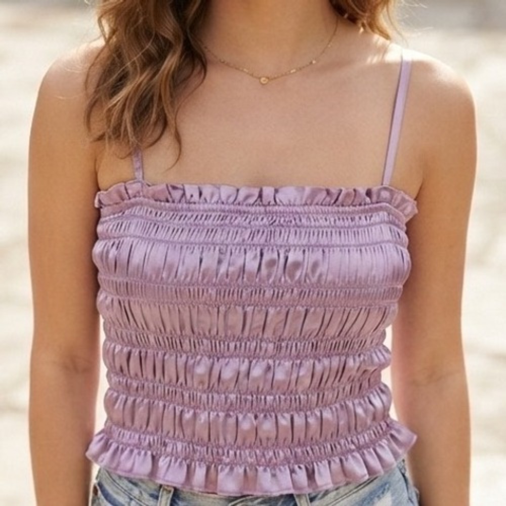 Forever 21 Lavender Smocked Satin Cropped Camisole Top Purple Small Y2K Style